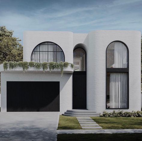 A stunning modern masterpiece coming soon to Concord. Approved under CDC. Designed by @dezcon_ | Instagram Porte In Ferro, Mediterranean Homes Exterior, Modern Mediterranean Homes, Modern Mediterranean, Facade Architecture Design, Contemporary House Exterior, Arch House, Duplex Design, Mediterranean Architecture