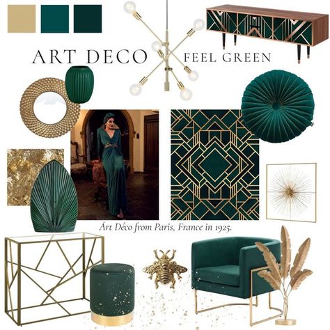 Green Glam Living Room Decor, Industrial Art Deco Interior, Art Deco Glam Decor, Art Deco Living Room Design, Gold Aesthetic Living Rooms, 1920s Office Decor, Artdeco Interiors Living Room, Green Art Deco Living Room, Green Gold Office