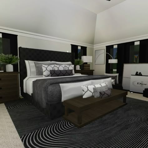 Masterbed Ideas Bloxburg, Suburban Bedroom Ideas, Bloxburg Bed Ideas Realistic, Bloxburg Double Bed Ideas, Bloxburg Parents Room, Bloxburg Master Bed Ideas, Master Bedrooms Bloxburg, Modern Room Bloxburg, Bloxburg Boys Bedroom