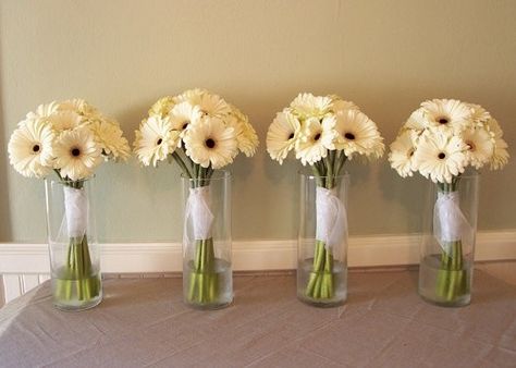 Gerbera's Gerber Bouquet, Gerbera Bouquet, White Gerbera, Yellow Gerbera, Peacock Wedding Theme, Bridesmaids Bouquet, Teal Ribbon, Gerbera Daisies, Daisy Bouquet