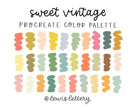 "Sweet Vintage - PROCREATE color palette *please note* palette will only open inside of the Procreate App! Take the stress out of choosing colors with this thoughtfully curated palette that includes 30 cohesive color swatches to use in Procreate. Colors were hand curated with a light, soft, bright, vintage aesthetic in mind. Includes: -A (.swatches) file compatible with the Procreate App Instructions for use: - login to Etsy through a web browser (not Etsy app) - Select your profile icon in the Splatoon Eyes, Vintage Procreate, Procreate Templates, Color Journal, Dreamy Colors, Procreate Color Palette, Lettering Illustration, Color Candy, Color Schemes Colour Palettes