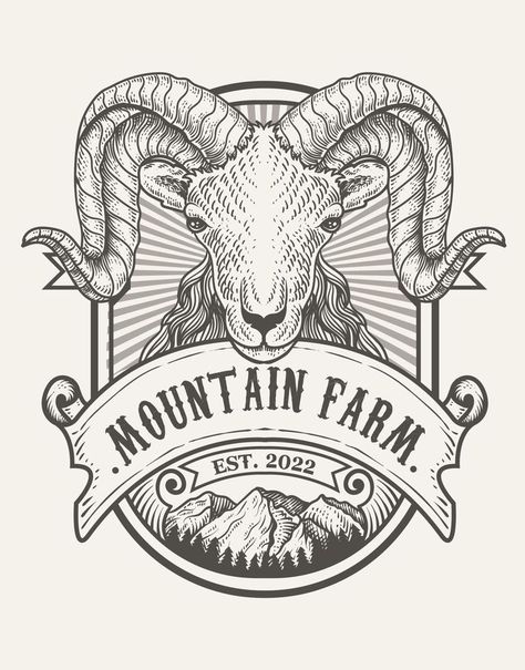 Mountain farm logo - retro farm logo Goat Farm Logo, Vector Mountain, Mountain Farm, Goat Farm, Logo Retro, Farm Logo, House Construction Plan, Goat Farming, Mountain Goat