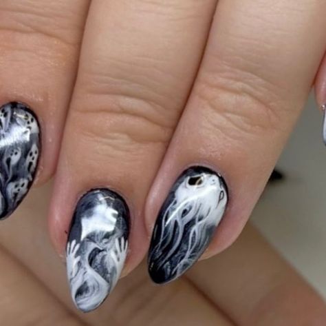 Obsidian Nail Studio on Instagram: "The ghosts of manicures past" October Nail Art, Ghost Nail, Ghost Nails, October Nails, October 7, Nail Studio, Ghost, Manicure, Nail Art