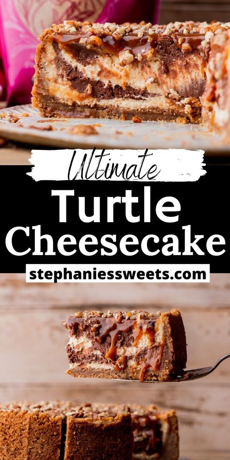 This turtle cheesecake is creamy and swirled with both brown sugar cheesecake and chocolate cheesecake. It has a graham cracker crust and is topped with salted caramel and pecans. Salted Caramel Chocolate Cheesecake, Salted Caramel Cheesecake Brownies, Cheesecake Recipes Turtle, Turtles Cheesecake, Ultimate Turtle Cheesecake Recipe, Turtle Cheesecake Recipe, Brown Sugar Cheesecake, Cheesecakes Recipes, Chocolate Caramel Cheesecake