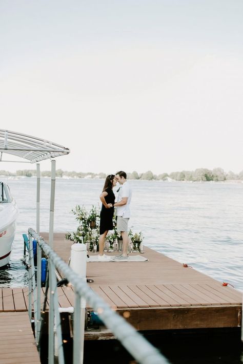 Wedding Proposal Ideas in Morse Reservoir in Noblesville, Indiana Dock Proposal, Lake Proposal, Noblesville Indiana, Lake Dock, Capture The Moment, Posing Inspiration, Marriage Proposal, Proposal Engagement, Couples Session