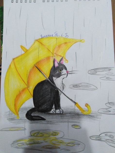 Cat In The Rain Drawing, Rain Drawing, Small Art, Cat Drawing, Art Class, Art Classes, Cat Lover, Beautiful Landscapes, Still Life