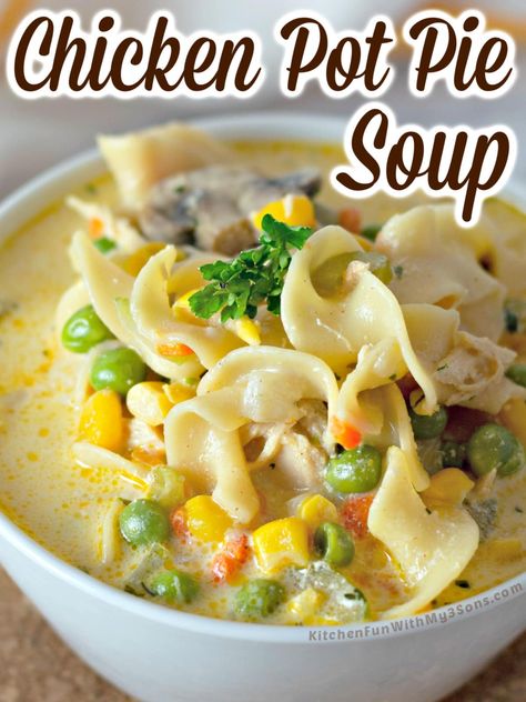 Cozy and comforting Chicken Pot Pie Soup is made with juicy, shredded chicken, veggies, and tender noodles in a rich and creamy broth. Weight Watcher Chicken Pot Pie Soup, Creamy Pot Pie Soup, Chicken Pot Pie Soup With Noodles, Soup With Chicken And Potatoes, Weight Watchers Recipes Soup, Soups Using Chicken, Soft Soups, Chicken Based Soups, Chicken Pot Pie Soup Crockpot