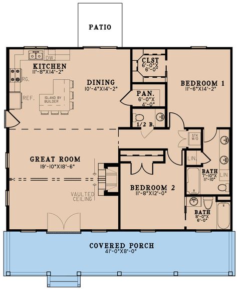 One Level House Plans, 2 Bedroom Floor Plans, Cabin Plan, Small Cottage House Plans, 1000 Sq Ft, Cottage Floor Plans, Country Style House, Cabin Floor Plans, Small House Floor Plans