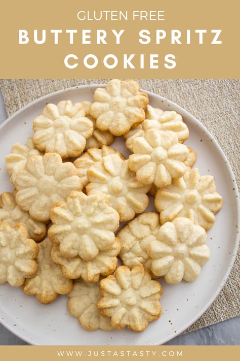 Gluten Free Spritz Cookies, Buttery Spritz Cookies, Cookie Press Recipes, Cookies Eggless, Spritz Cookie Recipe, Egg Free Cookies, Gluten Free Christmas Cookies, Egg Substitute, Gf Cookies