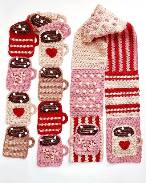 Twinkie Chan Crochet Free Pattern, Crochet Hot Cocoa Mug, Fun Crochet Scarf Pattern Free, Pharmacy Crochet, Hot Chocolate Crochet, Valentine’s Day Crochet Patterns, Crochet Stocking Stuffers, Winter Crochet Ideas, Charity Crochet