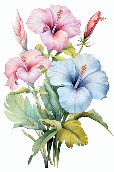 Hibiscus Drawing, White Hibiscus, Illustration Blume, Flowers Clipart, Art Carte, Flower Art Images, Color Pencil Drawing, Flower Clipart, Digital Flowers