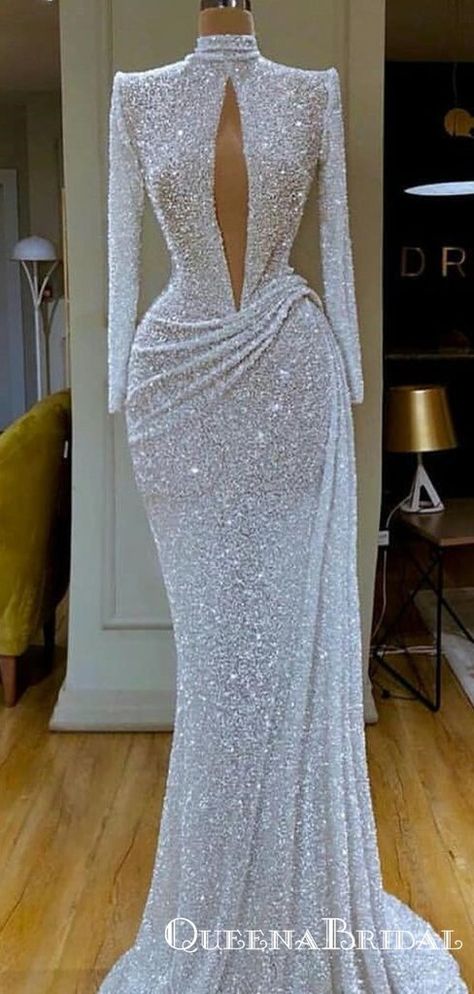 New Arrival Sparkly High Neck Long Sleeves Open Chest Long Cheap Merma – QueenaBridal Prom Girl Dresses, Mermaid Sequin, Glamour Dress, Dream Wedding Ideas Dresses, Sequin Prom Dresses, Pretty Prom Dresses, فستان سهرة, Prom Girl, Prom Outfits