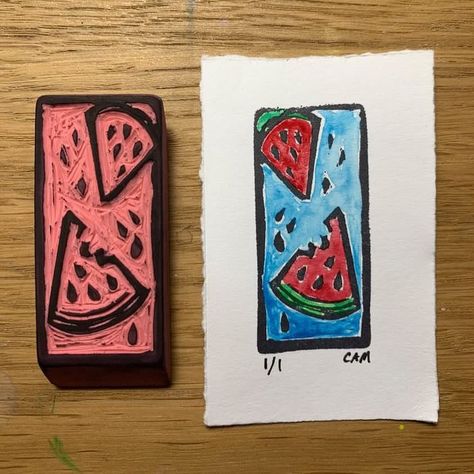 I love the way @worksbycherylann painted in her pink eraser carvings! If you use archival ink and allow it to fill dry it does become… | Instagram Eraser Printmaking, Eraser Linocut, Eraser Carving, Print Making Designs, Eraser Art, Block Carving, Pink Eraser, Eraser Stamp, Carved Stamps