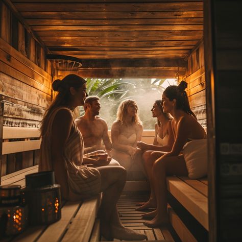 #Sauna #Relaxation Time: #Friends enjoy a peaceful and #warm conversation in the cozy ambiance of a #wooden sauna. #aiart #aiphoto #stockcake ⬇️ Download and 📝 Prompt 👉 https://stockcake.com/i/sauna-relaxation-time_75245_1026 Sauna Photoshoot Ideas, Sauna Couple, Sauna Aesthetic, Wooden Sauna, Home Sauna, Relax Lifestyle, Traditional Saunas, Time Images, Sauna Room