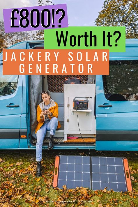 woman sitting on the edge of her converted campervan using Jackery explorer 500 and solar saga panels to charge phone Campervan Accessories, Make A Decision, Eco Travel, Vegan Travel, Solar Generator, Travel Toiletries, Off Grid, Pros And Cons, Van Life