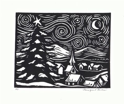 linoleum block prints | Vincent's Starry Night | Sgraffito ... Linoleum Printmaking, Woodcut Art, Linoleum Print, Print Christmas Card, Linoleum Block Printing, Linocut Printmaking, Lino Art, Linoleum Block, Relief Printing