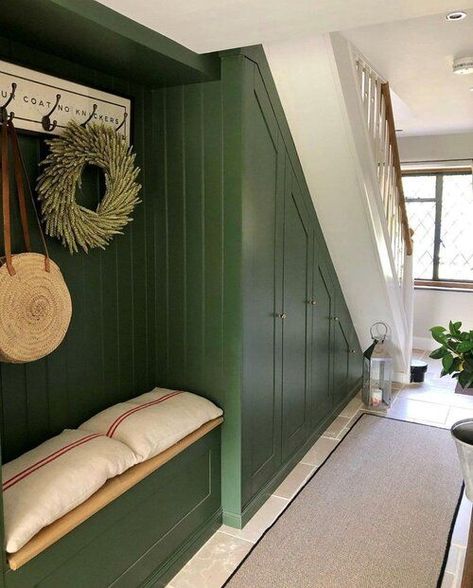 Who wouldn’t love this delicious shade of forest green to bring nature from the outside directly in. You can make the most of this hallway colour idea by highlighting it with character-filled elements such as a little bare wood or some antique hooks. IMAGE: @mylands_london Dark Green Hallway, Hallway Colour Ideas, Hallway Colour Schemes, Cottage Hallway, Green Hallway Ideas, Hallway Paint, Hallway Colours, Green Hallway, Hygge Life