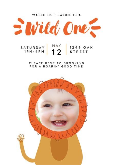 Lion Wild One - Birthday Invitation Template (Free) | Greetings Island Lion Birthday Theme, Lion Birthday Invitations, Lion Birthday Party, First Birthday Invitation Cards, Lion Party, 1st Birthday Invitation Template, Wild One Birthday Invitations, Lion Birthday, Boys 1st Birthday Party Ideas