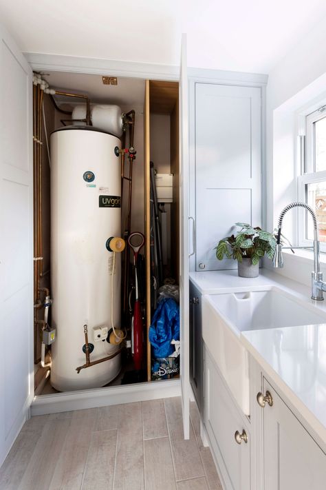 Hot Water Cupboard Storage, Small Utility Room Ideas With Boiler, Hot Water Tank Cover Ideas Laundry Rooms, Boiler Cupboard Ideas Storage, Boiler Room Ideas, Water Tank House, Water Tank Ideas Home, Boiler Cupboard Ideas, Hide Water Heater