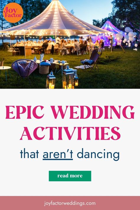 Dozens of ideas for things you can do at your wedding that don't involve dancing! Wedding Dance Ideas Fun, Alternatives To Dancing At Wedding, Non Dancing Wedding Reception Ideas, Outdoor Wedding Activities, Wedding Group Photos, Small Outdoor Wedding, Dance Floor Wedding, Kids Things To Do, Wedding Activities