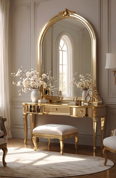 This pin is about 64X21 Arched length mirror  in gold-Freestanding, Wall Mounted, Aluminum Frame -Gold Classic Apartment Decor, French Classic Interior Design, Classic French Interior, Bedroom Wall Mirror Ideas, Antique Vanity With Mirror, Full Length Mirror With Stand, Arched Full Length Mirror, Arched Wall Mirror, Disney Room Decor