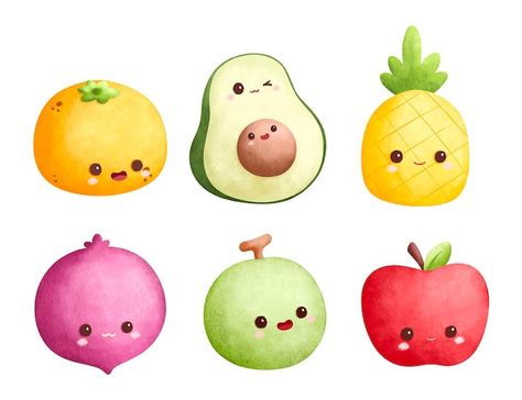 Vector watercolor illustration set of cu... | Premium Vector #Freepik #vector #cute-drawing #cute #cute-illustration #cute-watercolor Fruit Character, Happy Fruit, Fruits Drawing, Cute Fruit, June 2024, Cute Food, Watercolor Illustration, Character Illustration, Animals Beautiful