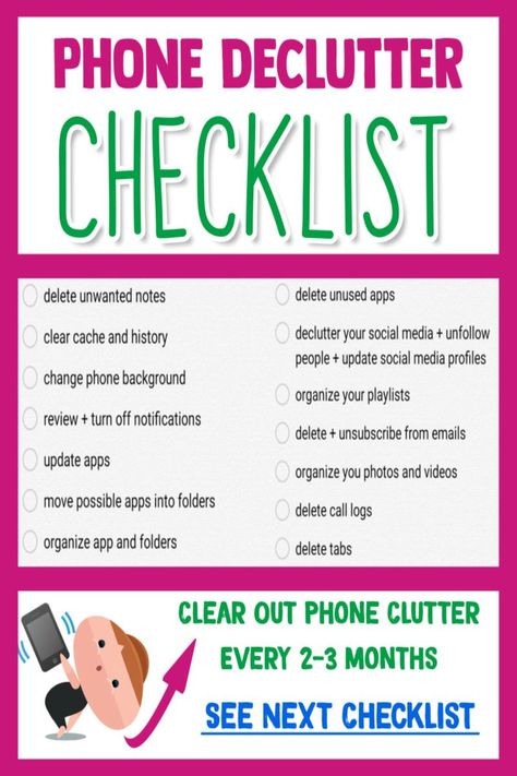 Phone Clean Out List, Phone Checklist, Phone Declutter, Declutter Your Phone, How To Clean Iphone, Plan Checklist, Declutter Checklist, Emergency Binder, Too Much Stuff