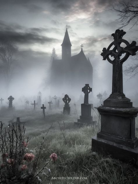 Spooky Cemetery Graveyards, Grave Yard Background, Victorian Graveyard, Horror Storyboard, Foggy Cemetery, Cemetery Background, Dark Village, Graveyard Aesthetic, Haunted Buildings