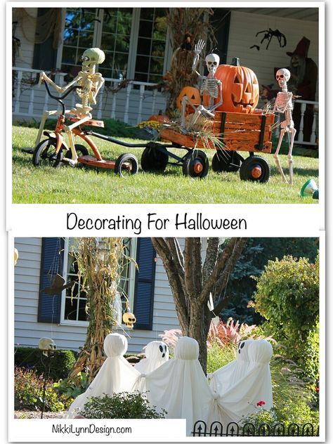 Looking for some cute ideas for outdoor decorating for Halloween? LOVE this yard in my neighborhood! It might spark ideas for your own fall yard displays. Porche Halloween, Halloween Yard Displays, Cheap Diy Halloween Decorations, Halloween Outside, Hallowen Ideas, Decoration Evenementielle, Fröhliches Halloween, Skeleton Decorations, Halloween Tattoo