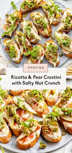 Pistachio Crunch, Pear Crostini, Prosciutto Appetizer, Appetizer Christmas, Bruschetta Appetizer, Ricotta Crostini, Fancy Appetizers, Raw Pumpkin Seeds, Ambitious Kitchen