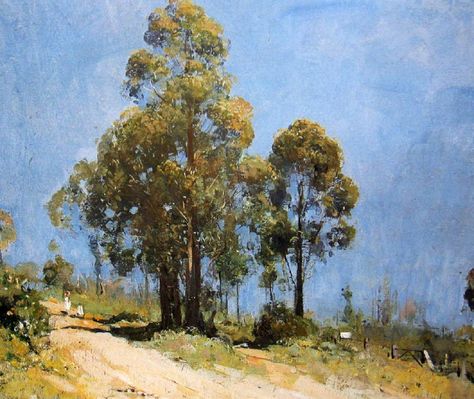 Arthur Streeton - Australian (1867 - 1943) A Hot Road, Olinda, Oil on canvas, 48.5 x 59 cm, landscape painter and leading member of the Heidelberg School, also known as Australian Impressionism Arthur Streeton, Australian Painting, Environment Painting, Australian Painters, European Paintings, Encaustic Art, Australian Art, Plein Air Paintings, Traditional Paintings