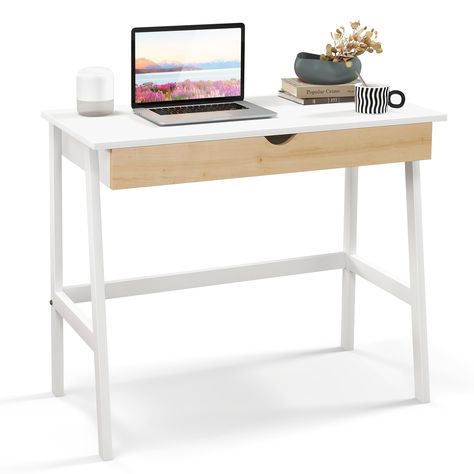 PRICES MAY VARY. Spacious Storage Space: The desktop provides spacious enough area for your computer and other office supplies. In addition, this writing desk is equipped with a pull-out drawer to meet your different sorting and storage needs. Premium Material & Sturdy Construction: The drawer fronts and support legs of this computer desk are made of high-quality rubberwood, providing a stable structure. The thickened desktop has good abrasion resistance and is suitable for long time use. Space- White Desk With Drawers, Small White Desk, Wooden Computer Desk, White Computer Desk, Space Saving Desk, Writing Desk Modern, Writing Desk With Drawers, Desks For Small Spaces, Vanity Desk