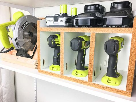 This cordless drill storage, together with the circular saw stand, make it easy to find the tools I need. Circular Saw Storage, Organizing Workshop, Cordless Drill Storage, Saw Storage, Drill Storage, Recessed Can Lights, Power Tool Storage, Garage Room, Storage Center