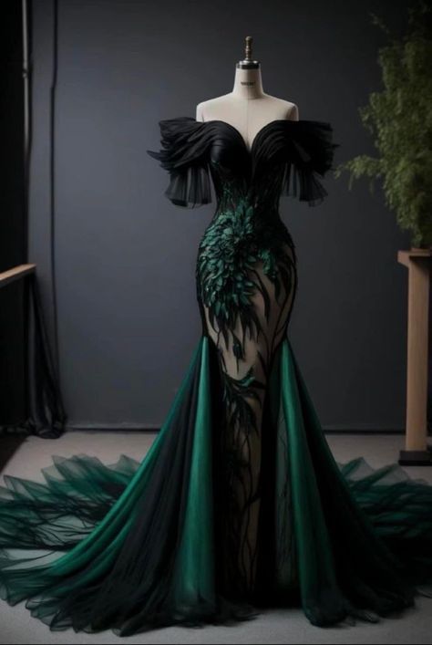 Green And Gold Formal Dress, Villian Dress Aesthetic, Black And Green Fantasy Dress, Dark Green And Black Dress, Black And Green Dress Gowns, Fantasy Villain Aesthetic Outfits, Black And Green Gown, Green And Black Wedding Dress, Black And Green Wedding Dress