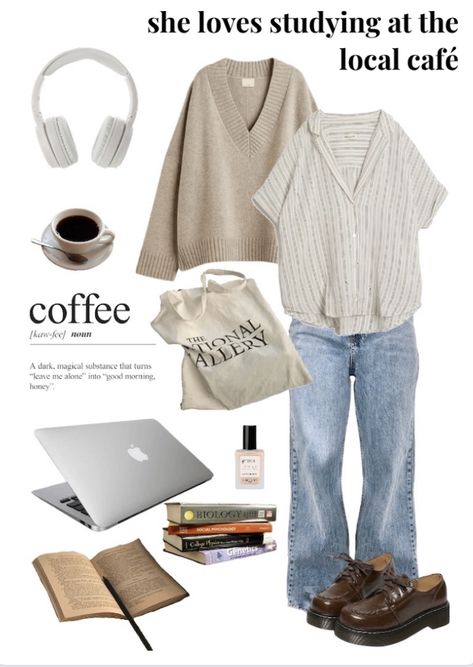 Coffee Morning Outfit, Study At Cafe Outfit, Working At Coffee Shop Outfit, Cute Coffee Outfits, Cozy Coffee Date Outfit, Outfits For Coffee Shop, Coffee Shop Style Outfits, Going For Coffee Outfit, Coffee Clothes Aesthetic