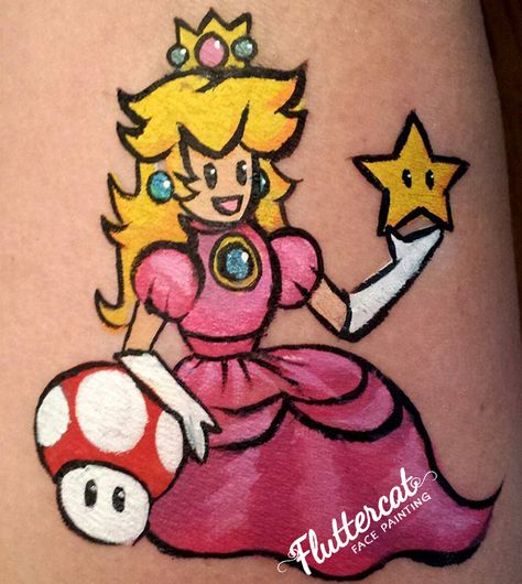 Princess Peach - Super Mario - Fluttercat Face Painting Super Mario Face Paint Easy, Princess Peach Face Paint, Princess Peach Makeup Tutorial, Princess Peach Painting Easy, Mario Face Painting, Mario Face Paint, Face Paints, Princesa Peach, Painted Faces