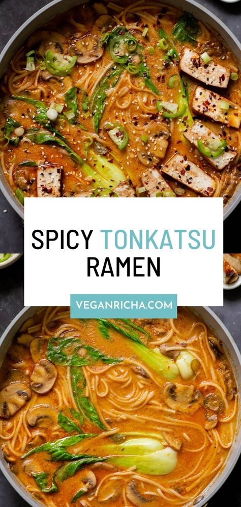 This vegan tonkotsu ramen comes together in a single pot and is so easy to make! It has a spicy, creamy base and flavorful seared tofu topping. Add whatever veggies and other toppings you like! Seared Tofu, Vegan Ramen Recipes, Tofu Ramen, Vegan Entree Recipes, Vegetarian Ramen, Vegan Noodles, Tonkotsu Ramen, Vegan Ramen, Vegan Entree