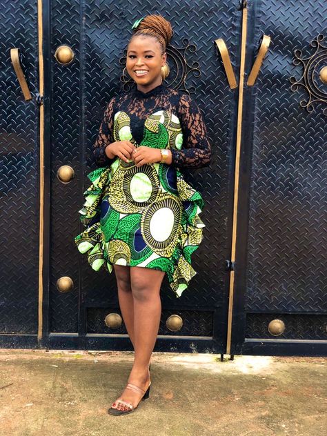 Ankara with side ruffles and a black illusion neckline Pencil Gown Ankara Styles, A Shape Gown Ankara Short, Pencil Gown Styles, Braids Kids Hairstyles, Ankara Short Gown Dresses, Ankara Short Flare Gowns, A Shape Gown Ankara, Latest Ankara Short Gown Styles, Viral Outfits