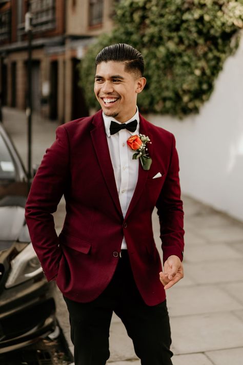 Groom in Burgundy Wedding Jacket with Pink Rose Buttonhole Wedding Suits Groom Wine Color, Burgundy Suit Jacket Black Pants Men, Burgundy Dinner Jacket, Mens Wedding Colors, Burgandy Wedding Suits Men, Red Wedding Groom Suit, Men’s Burgundy Suit, Burgundy Suit Wedding Groom Attire, Red Grooms Suit