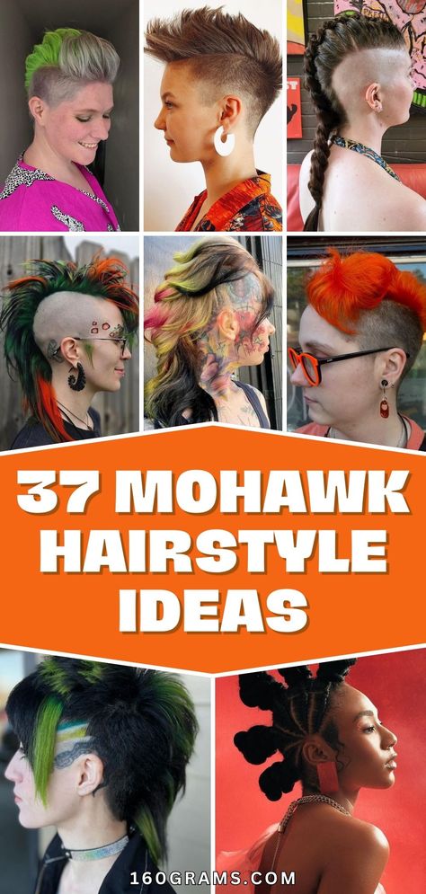 Save this pin for a stunning collection of edgy Mohawk hairstyles that will make you stand out in any crowd. From bold colors to intricate designs, these hairstyles are sure to inspire your next look. #MohawkHairstyles #EdgyHair #StandOutStyle Mullet Mohawk Women, Growing Out Mullet, Mohawk Styles For Women, Mohawk Women, Mullet Mohawk, Short Curly Mohawk, Pixie Mohawk, Short Hair Mohawk, Mohawk Updo