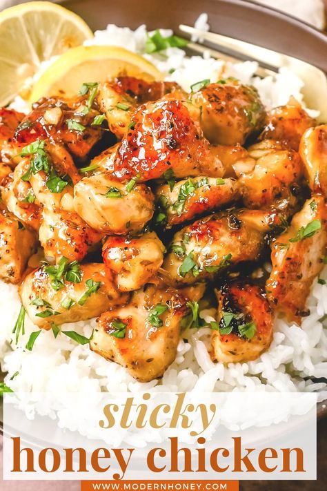 Honey Chicken Rice Bowl, Sticky Honey Lemon Chicken, Honey Lemon Chicken Recipe, Honey Garlic Chicken Breast Recipes, Sticky Honey Chicken, Hoender Resepte, Gf Entrees, Sticky Chicken Recipe, Honey Chicken Recipe