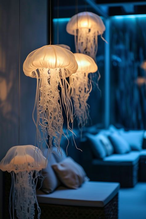 2024 Interior Design Trends: Jellyfish Decor Jellyfish Themed Bedroom, Jellyfish Furniture, Jellyfish Ceiling Decor, Jellyfish Bedroom, Hanging Jellyfish Decor, Jellyfish Light Fixture, Jellyfish Lamp Aesthetic, Jellyfish Lights, Jellyfish Lighting House