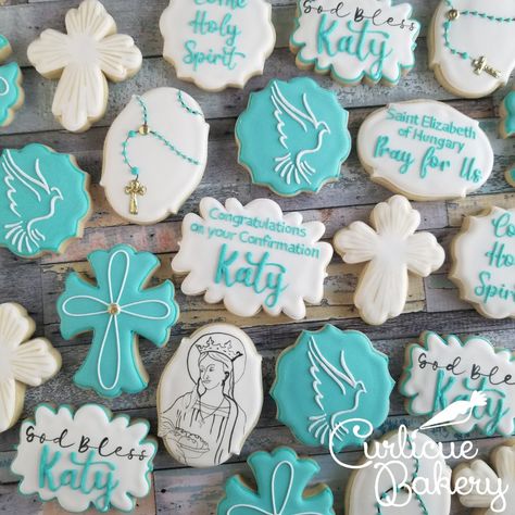 Holy Spirit and Saint Margaret, pray for us! Confirmation decorated sugar cookies Confirmation Sugar Cookies, Confirmation Cookies Decorated, Confirmation Desserts, Confirmation Decorating Ideas, Confirmation Party Ideas, Confirmation Decor, Confirmation Cookies, Confirmation Ideas, Saint Margaret