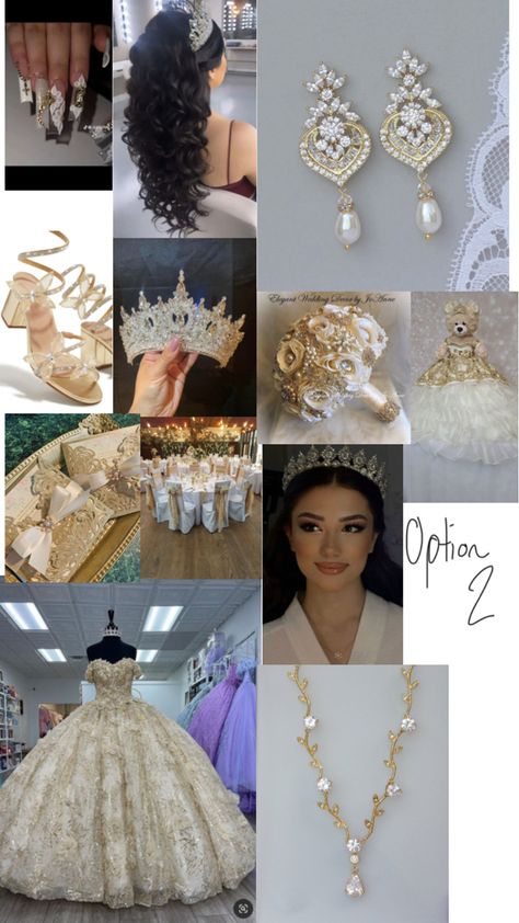 Champagne Quince Theme Decor, Cream Color Quinceanera Dress, Quince Decorations White And Gold, Champagne Theme Quinceanera, Golden Quinceanera Theme, Champagne Gold Quinceanera Dresses, Gold Quince Decorations, Gold And White Quinceanera, White And Gold Quinceanera Theme