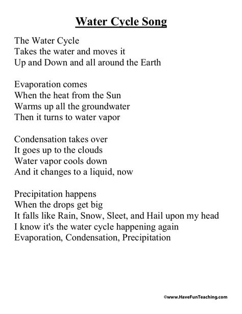 Water cycle-song-lyrics Water Cycle First Grade, Teaching The Water Cycle, Water Cycle Song, Water Cycle Diagram Science, Condensation Water Cycle, Water Kids, Solar System Projects, Kindergarten Reading Activities, Water Cycle