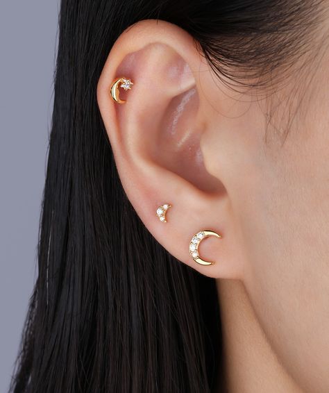 Moonlit moments deserve cute accessories! 🌜💫 Enjoy 60% off your favorite items! 💛 #oumojewelry #earpiercing #earstyling #earrings Ear Style, Moon Studs, Cute Accessories, Daily Jewelry, Inner Goddess, Layered Look, Outfit Details, Crescent Moon, Ear Piercings