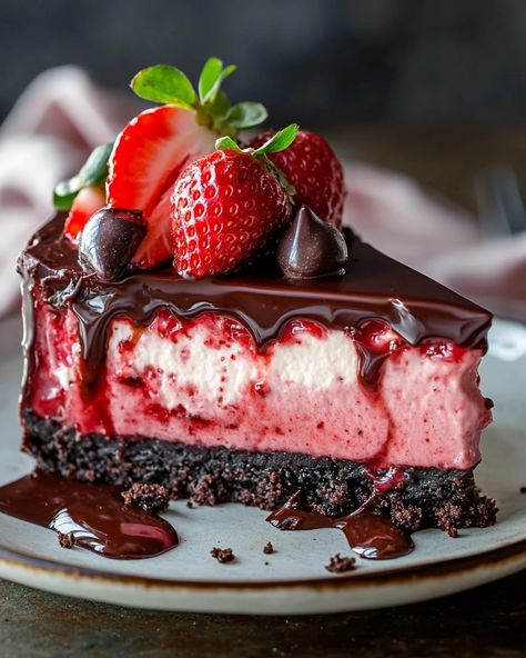 Decadent Chocolate Strawberry Cheesecake Recipe You Must Try! Top Cheesecake Recipes, Chocolate Strawberry Dessert Recipes, Fresh Strawberry Cheesecake Recipe, Chocolate Covered Strawberry Desserts, Strawberry Cheesecake Decoration, Chocolate Desserts For Christmas, Strawberry Oreo Dessert, Deviled Cheesecake Strawberries, Kit Kat Cheesecake Recipes