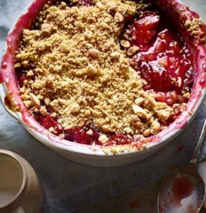 Rachel Allen's plum and apple crumble recipe | delicious. magazine Plum And Apple Crumble, British Pudding, Plum Crumble, Sweetened Whipped Cream, Crumble Recipe, Rhubarb Recipes, Crumble Topping, Glass Baking Dish, Apple Crumble