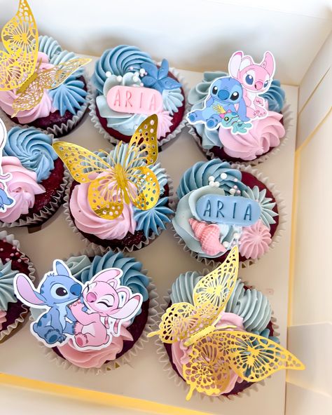 Stitch & Angel cupcakes 🧁 for Arias 7th birthday #stitch#stitchcupcakes#cupcakes#lasvegascupcakes#cakes#lasvegas Angel Cupcakes, Birthday Stitch, Stitch Cake, Angel Cake, Stitch And Angel, Baby First Birthday, 9th Birthday, 7th Birthday, Easy Cake