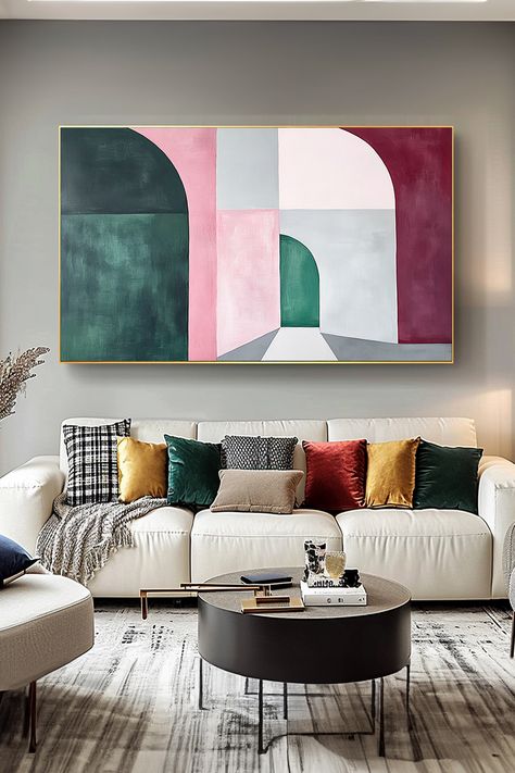 Abstract architectural painting with geometric shapes and arches in pink, green and burgundy, original handmade wall art Abstract Geometric Painting, Architectural Wall Art, Minimalist Shapes, Purple Wall Art, Palette Art, Modern Abstract Wall Art, Geometric Painting, Abstract Geometric Art, Black Wall Art